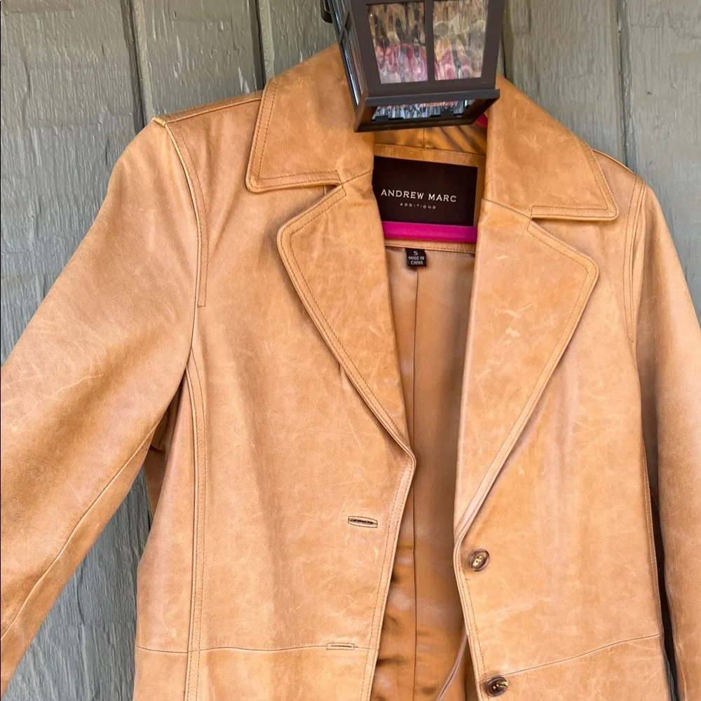 Andrew Marc Camel Leather Trench Coat size small - Picture 3 of 6